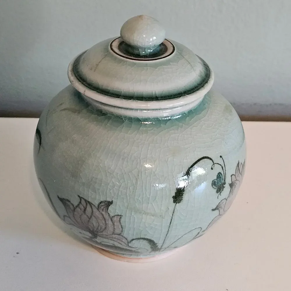 Vintage Baan Celadon Pottery Crackle Glaze Jar with Lotus Flowers from Thailand